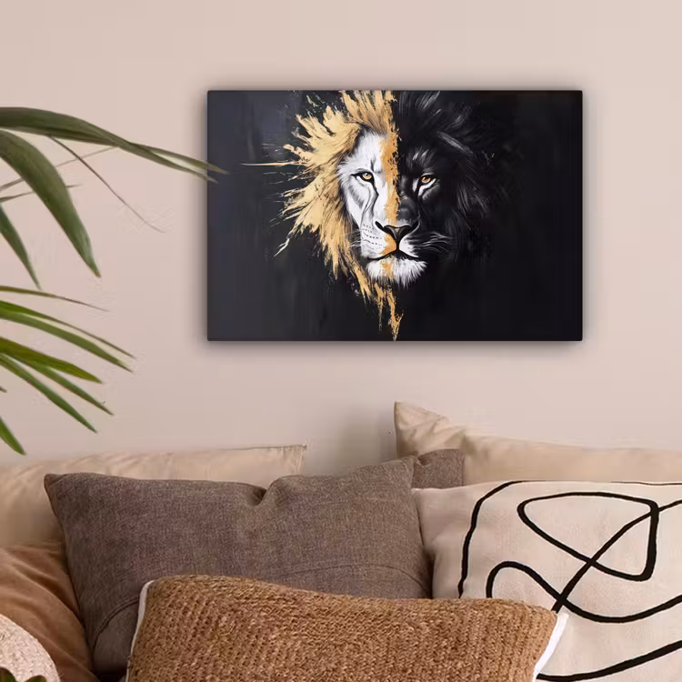 Leeuw - Gesplitst - Zwart - Lijn canvas 2cm klein -sfeer1
