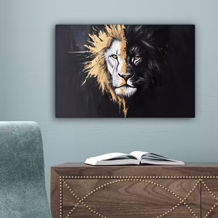 Leeuw - Gesplitst - Zwart - Lijn canvas 2cm klein -sfeer4