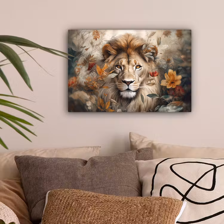 Leeuw - Wilde dieren - Planten - Natuur - Bloemen canvas 2cm klein -sfeer1