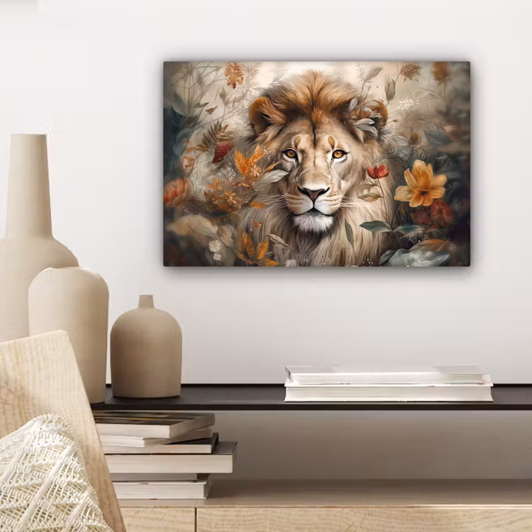 Leeuw - Wilde dieren - Planten - Natuur - Bloemen canvas 2cm klein -sfeer6