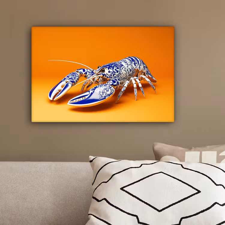 Kreeft - Delftsblauw - Schild - Stoer - Oranje canvas 2cm klein -sfeer3