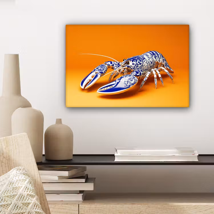 Kreeft - Delftsblauw - Schild - Stoer - Oranje canvas 2cm klein -sfeer6