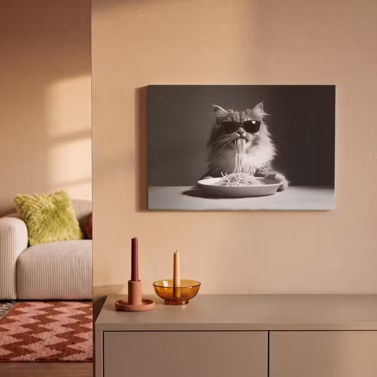 Langharige kat - Zonnebril - Spaghetti - Humor - Zwart - wit canvas 2cm klein -sfeer1