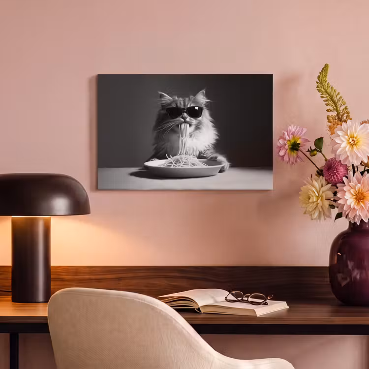 Langharige kat - Zonnebril - Spaghetti - Humor - Zwart - wit canvas 2cm klein -sfeer4