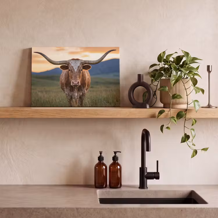 Longhorn - Landschap - Zonsondergang canvas 2cm klein -sfeer3