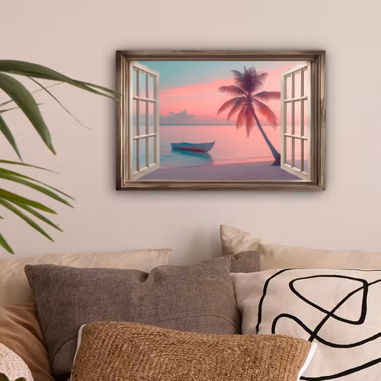 Doorkijk - Strand - Palmboom - Tropisch canvas 2cm klein -sfeer1