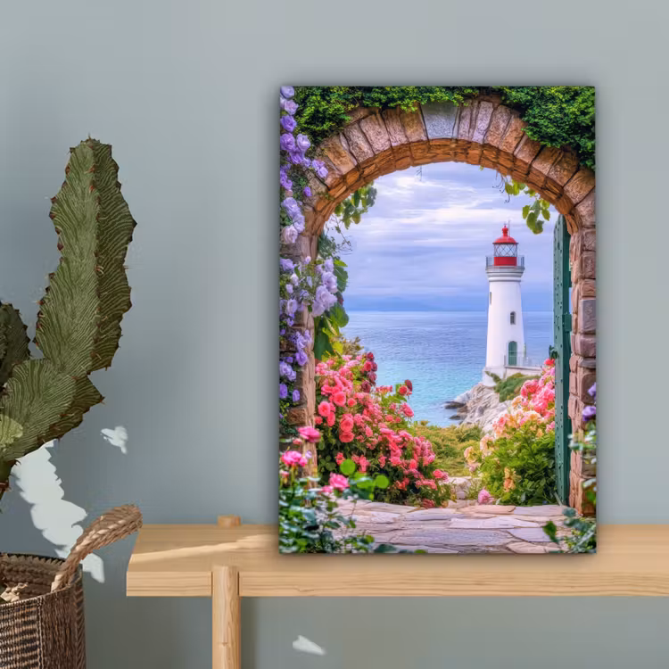 Doorkijk - Vuurtoren - Bloemen - Uitzicht canvas 2cm klein -sfeer4