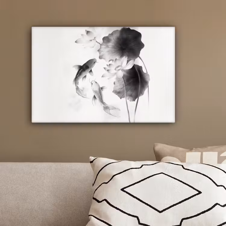 Lotusbloemen - Vissen - Bladeren - Zwart canvas 2cm klein -sfeer3