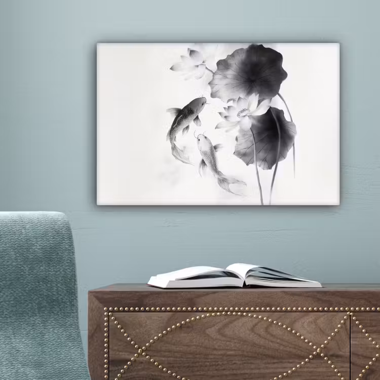 Lotusbloemen - Vissen - Bladeren - Zwart canvas 2cm klein -sfeer4