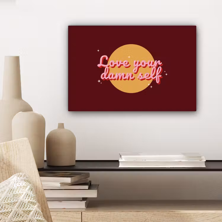love your damn self - Cirkel - Glitter - Rood canvas 2cm klein -sfeer6