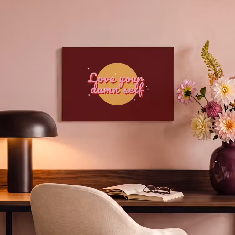 love your damn self - Cirkel - Glitter - Rood canvas 2cm klein -sfeer4