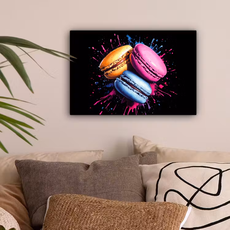 Macarons - Dessert - Graffiti - Kleurrijk - Roze - Blauw - Geel canvas 2cm klein -sfeer1