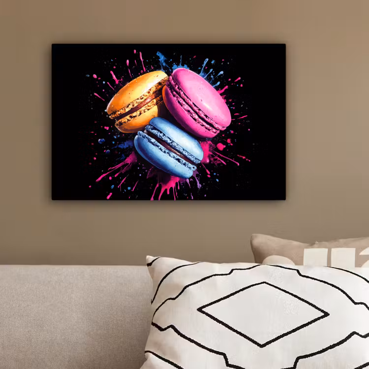 Macarons - Dessert - Graffiti - Kleurrijk - Roze - Blauw - Geel canvas 2cm klein -sfeer3