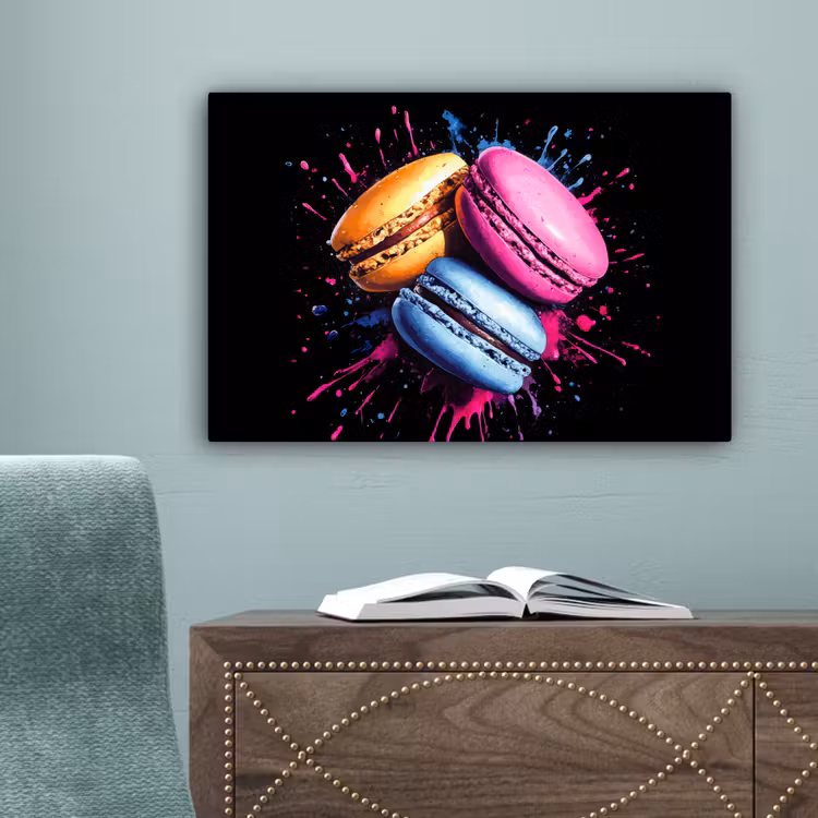 Macarons - Dessert - Graffiti - Kleurrijk - Roze - Blauw - Geel canvas 2cm klein -sfeer4