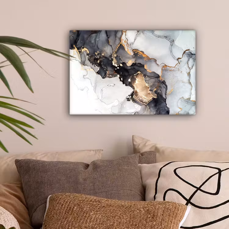 Marmer - Goud - Abstract - Zwart Wit - Luxe canvas 2cm klein -sfeer1