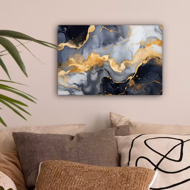 Marmer - Goud - Abstract - Luxe - Zwart en Wit canvas 2cm klein -sfeer1