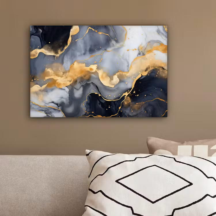 Marmer - Goud - Abstract - Luxe - Zwart en Wit canvas 2cm klein -sfeer3
