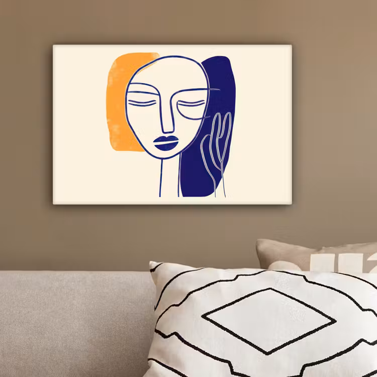 Minimalistisch - Gezicht - Hand - Oranje - Blauw canvas 2cm klein -sfeer3