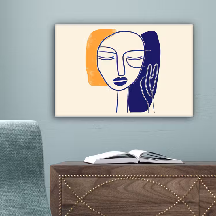 Minimalistisch - Gezicht - Hand - Oranje - Blauw canvas 2cm klein -sfeer4