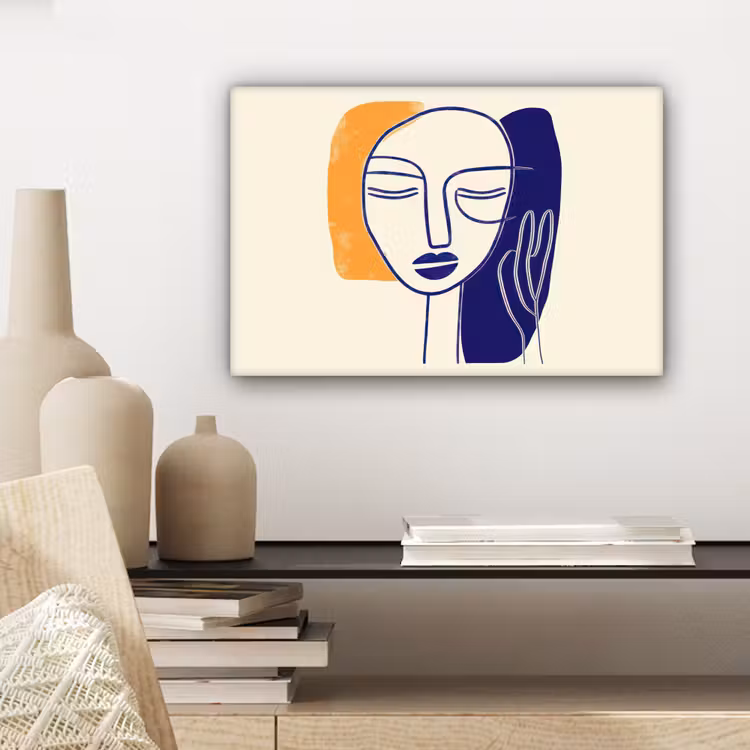 Minimalistisch - Gezicht - Hand - Oranje - Blauw canvas 2cm klein -sfeer6