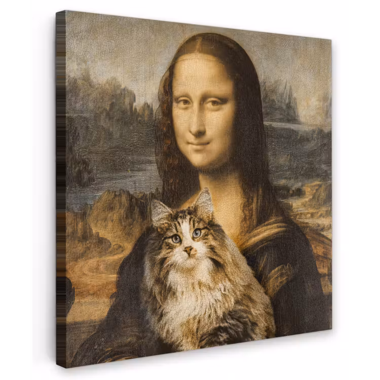 Mona Lisa - Kat - Leonardo da Vinci - Vintage - Kunstwerk - Oude meesters - Schilderij canvas 2cm klein -z3d