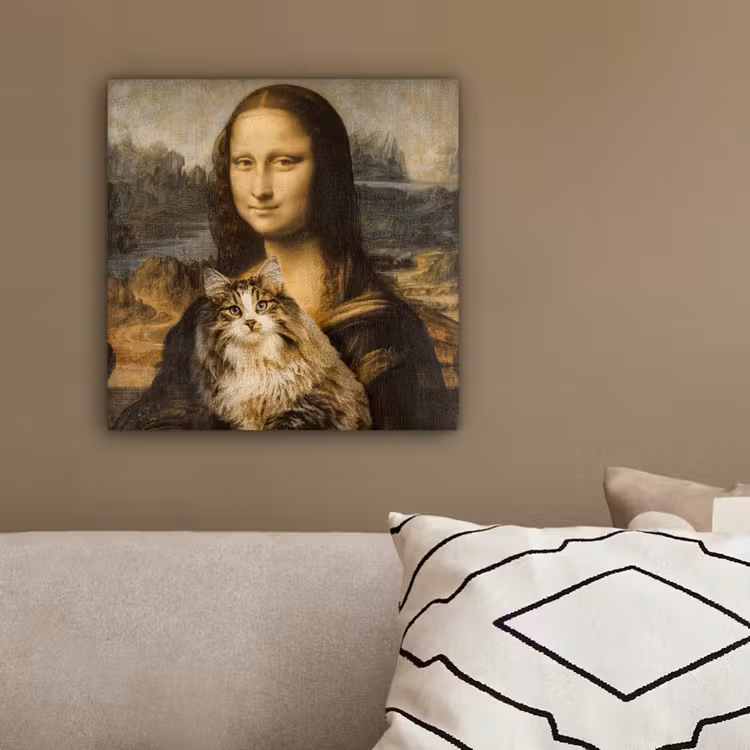 Mona Lisa - Kat - Leonardo da Vinci - Vintage - Kunstwerk - Oude meesters - Schilderij canvas 2cm klein -sfeer3