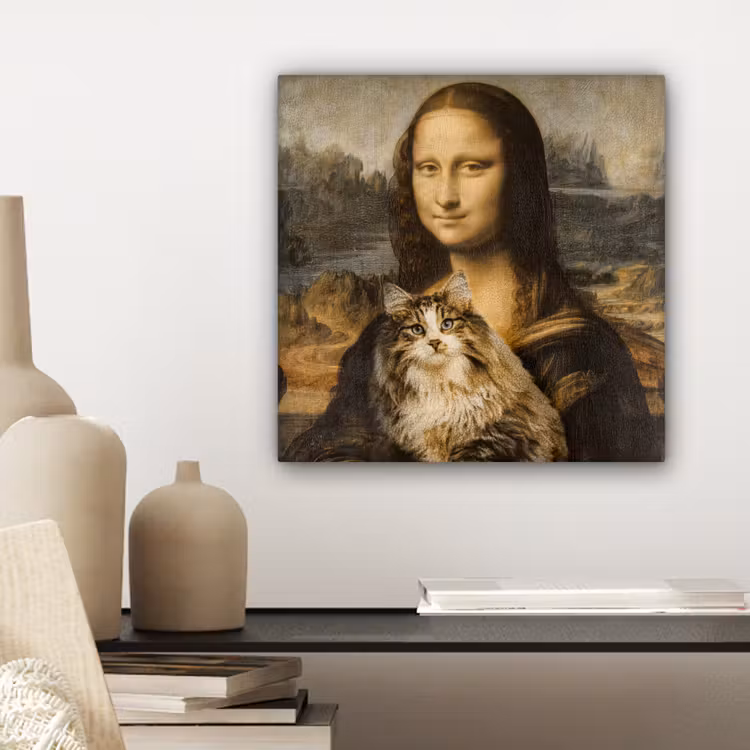 Mona Lisa - Kat - Leonardo da Vinci - Vintage - Kunstwerk - Oude meesters - Schilderij canvas 2cm klein -sfeer6
