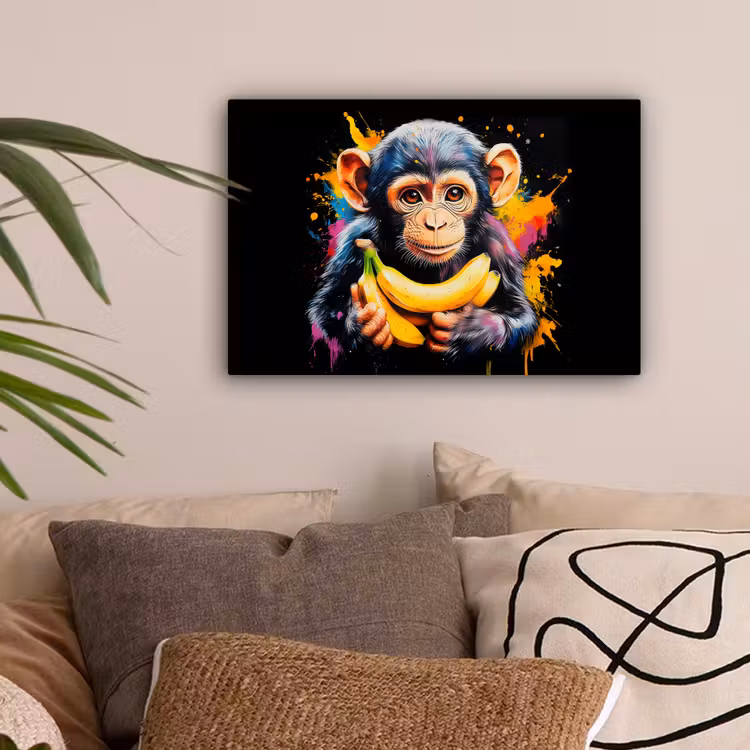 Aap - Graffiti - Kleurrijk - Bananen - Modern canvas 2cm klein -sfeer1