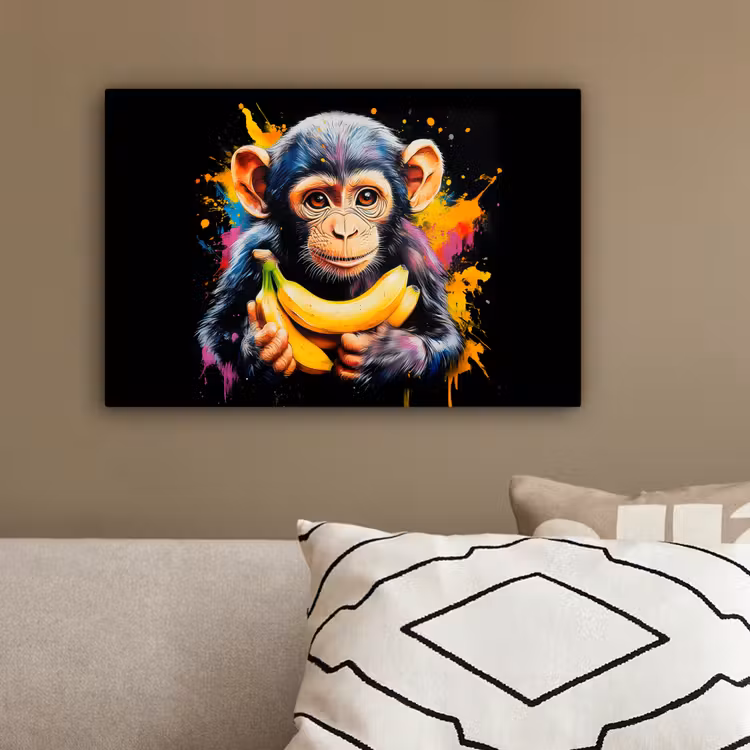 Aap - Graffiti - Kleurrijk - Bananen - Modern canvas 2cm klein -sfeer3
