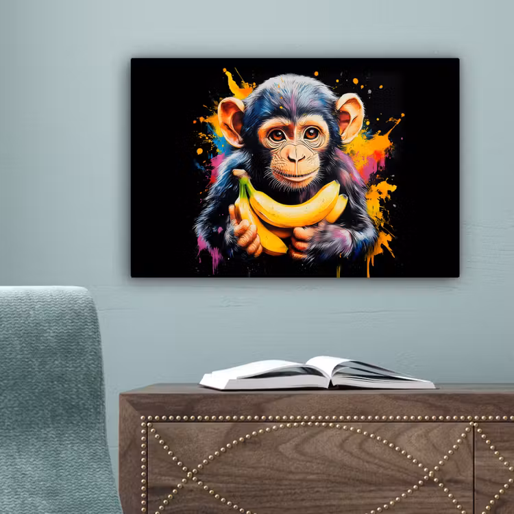 Aap - Graffiti - Kleurrijk - Bananen - Modern canvas 2cm klein -sfeer4