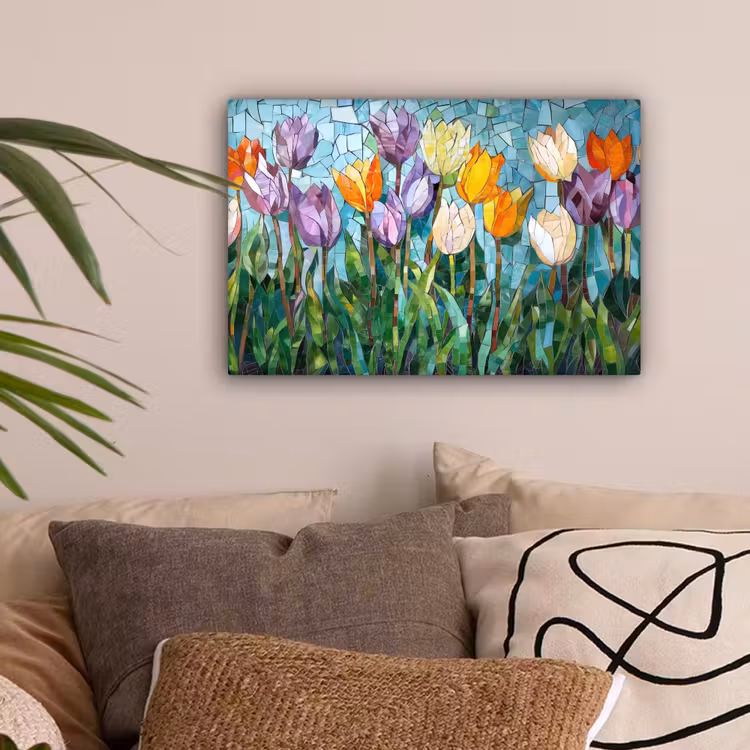 Mozaïek - Veld - Tulpen - Kleurrijk canvas 2cm klein -sfeer1