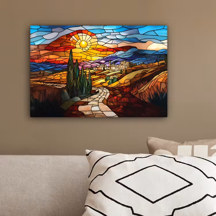Mozaïek - Zon - Landschap - Dorp canvas 2cm klein -sfeer3