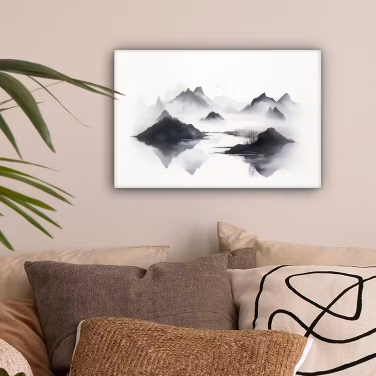 Bergen - Mistig - Water - Wit canvas 2cm klein -sfeer1