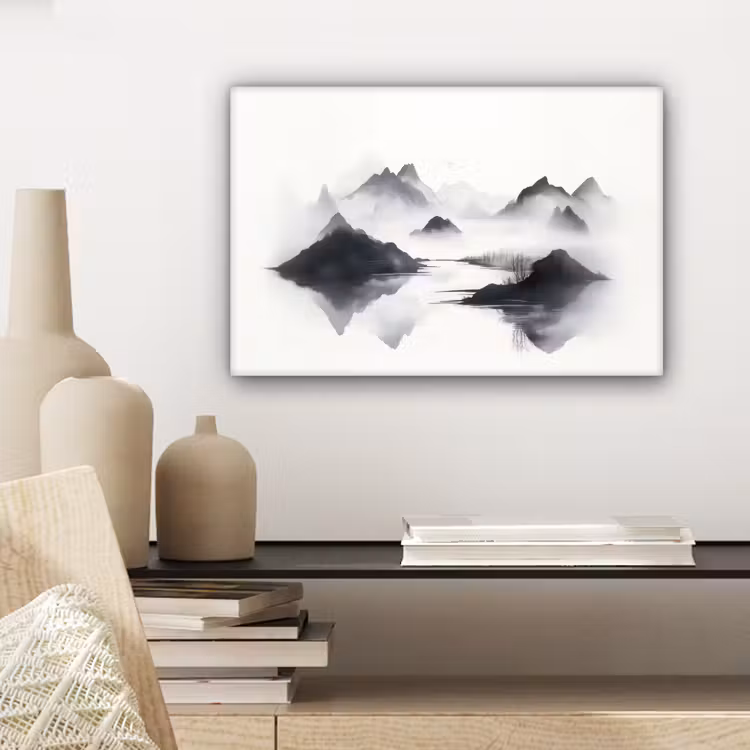 Bergen - Mistig - Water - Wit canvas 2cm klein -sfeer6