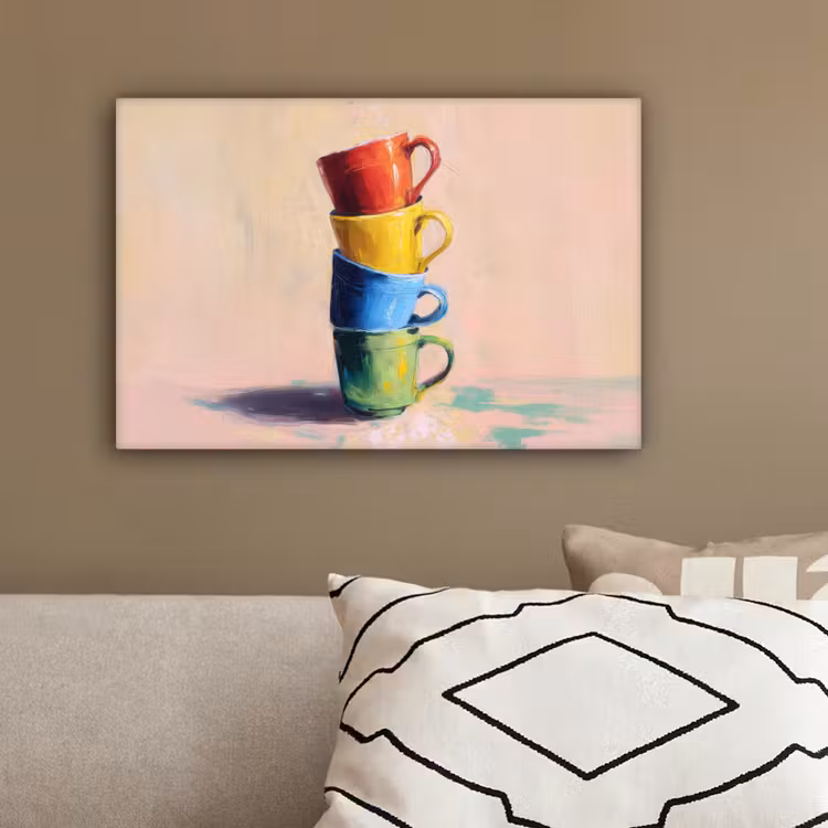 Mokken - Gestapeld - Keramiek - Kleurrijk canvas 2cm klein -sfeer3