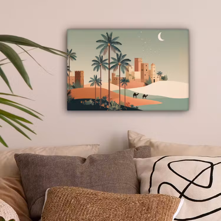 Nachtlandschap - Kamelen - Sterren - zandduinden canvas 2cm klein -sfeer1