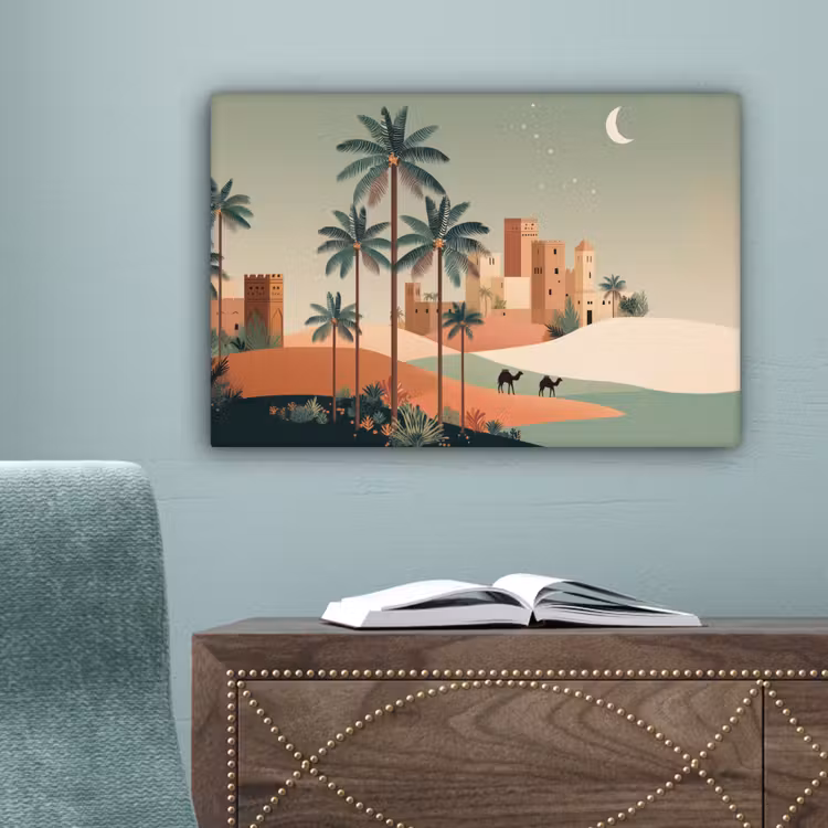 Nachtlandschap - Kamelen - Sterren - zandduinden canvas 2cm klein -sfeer4
