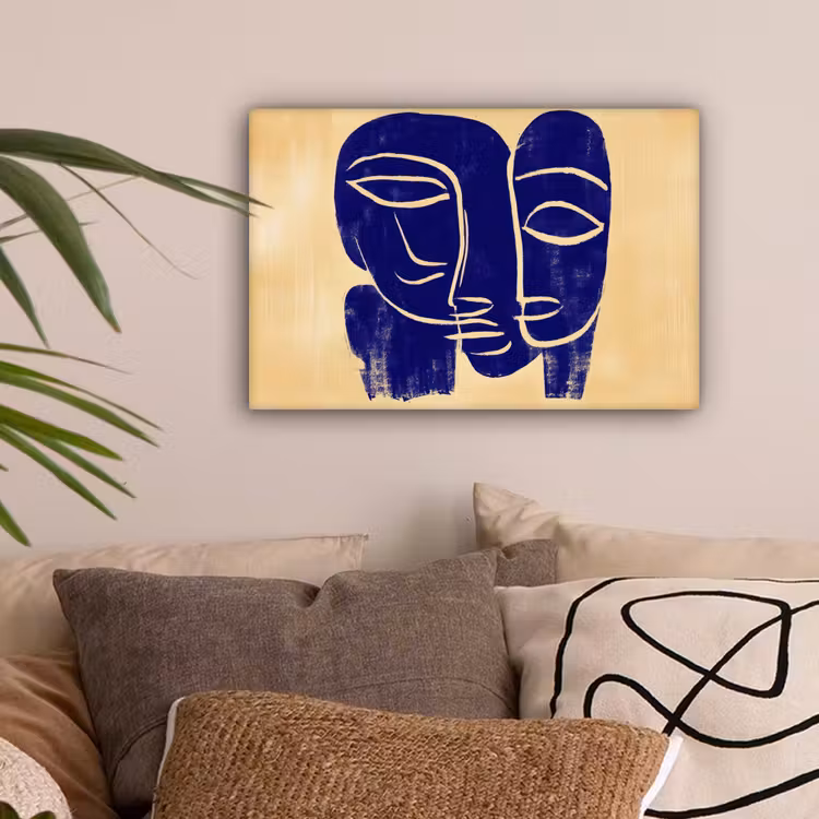 Okergeel - Blauw - Eenvoudige lijnen canvas 2cm klein -sfeer1