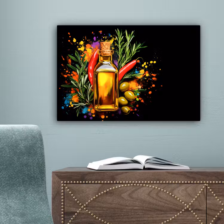 Olijfolie - Graffiti - Peper - Olijven - Modern canvas 2cm klein -sfeer4