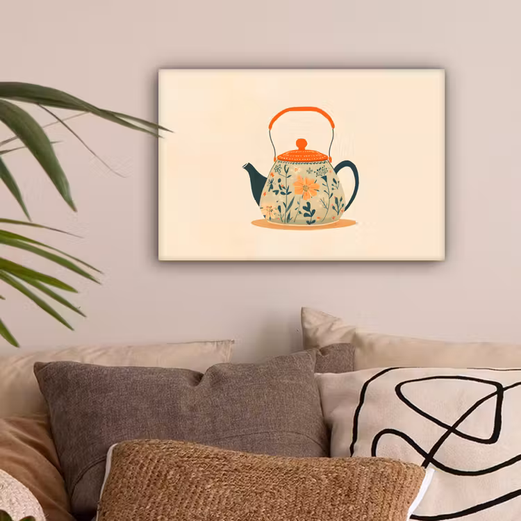 Oranje - Theepot - Bloemen - Bladeren canvas 2cm klein -sfeer1