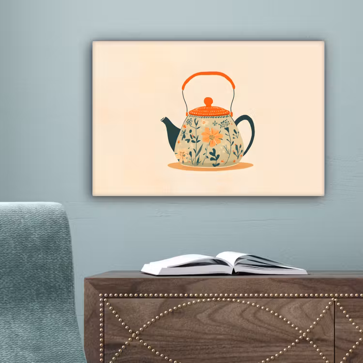 Oranje - Theepot - Bloemen - Bladeren canvas 2cm klein -sfeer4