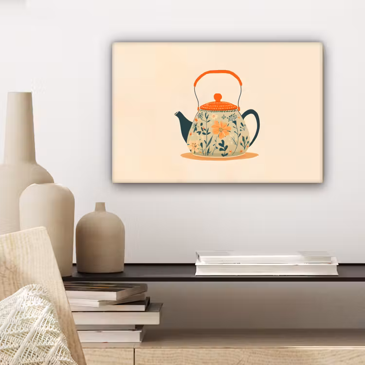 Oranje - Theepot - Bloemen - Bladeren canvas 2cm klein -sfeer6