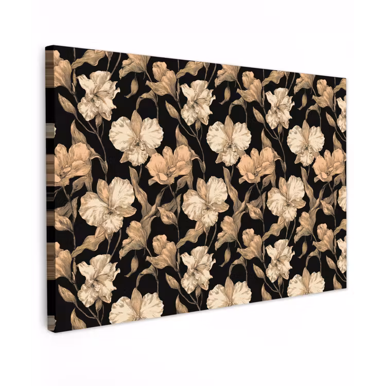 Orchideeën - Lijntekening - Patroon - Beige - Zwart canvas 2cm klein 34 -z3d
