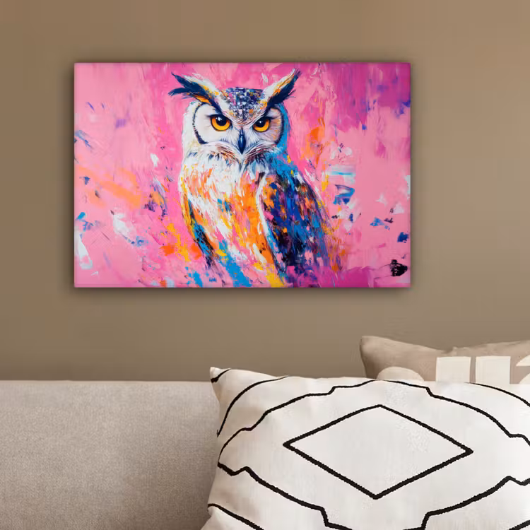 Uil - Roze - Blauw - Verf - Abstract canvas 2cm klein -sfeer3