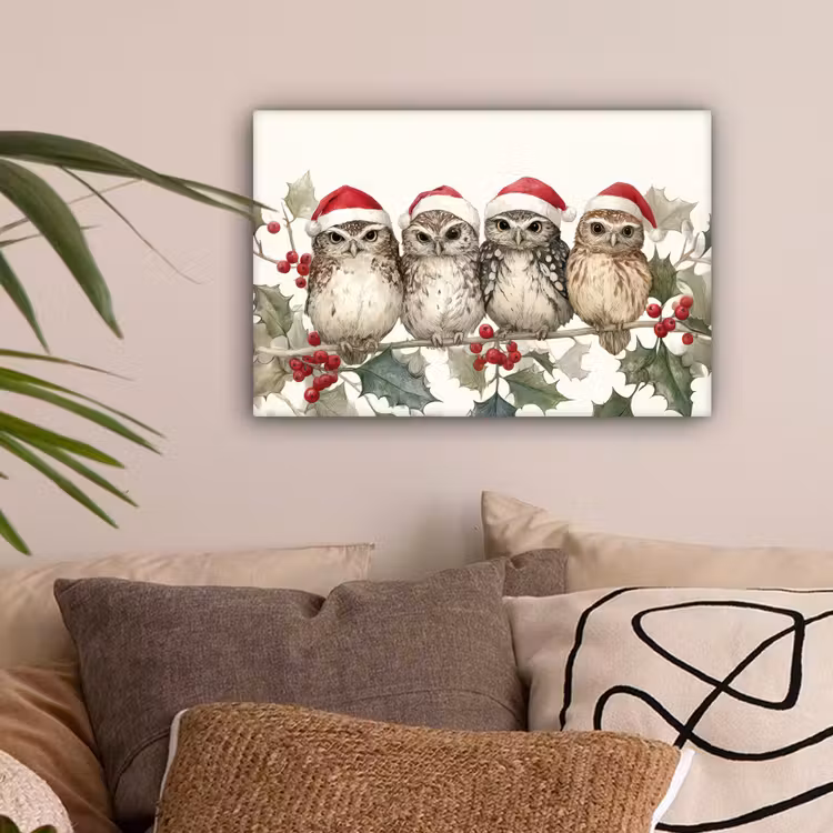 Uilen - Tak - Hulstblaadjes - Kerstmuts canvas 2cm klein -sfeer1