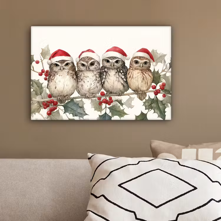 Uilen - Tak - Hulstblaadjes - Kerstmuts canvas 2cm klein -sfeer3