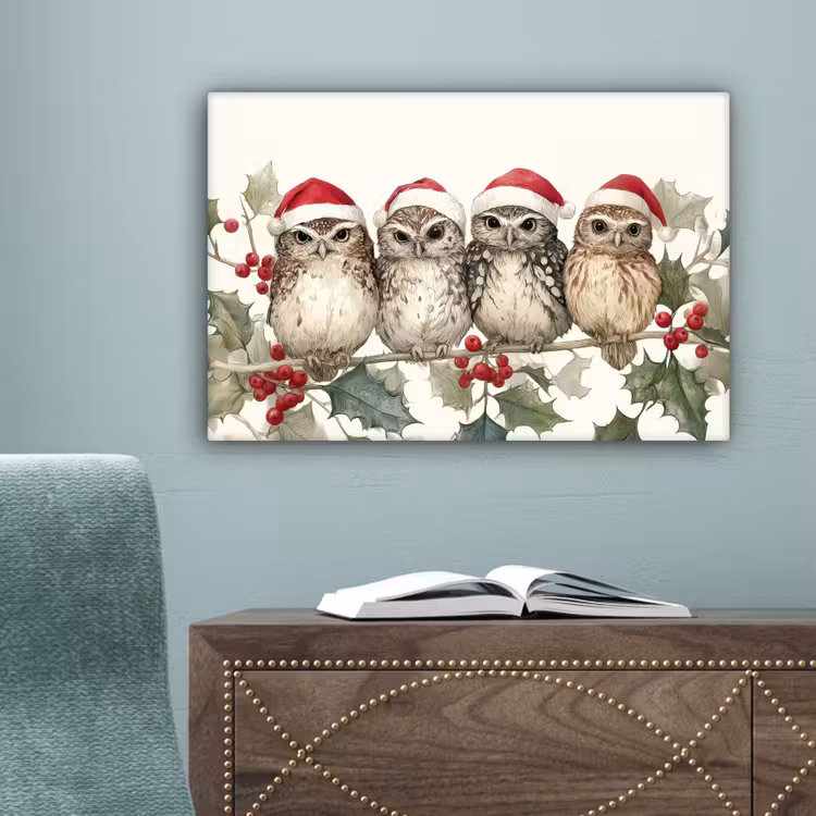 Uilen - Tak - Hulstblaadjes - Kerstmuts canvas 2cm klein -sfeer4