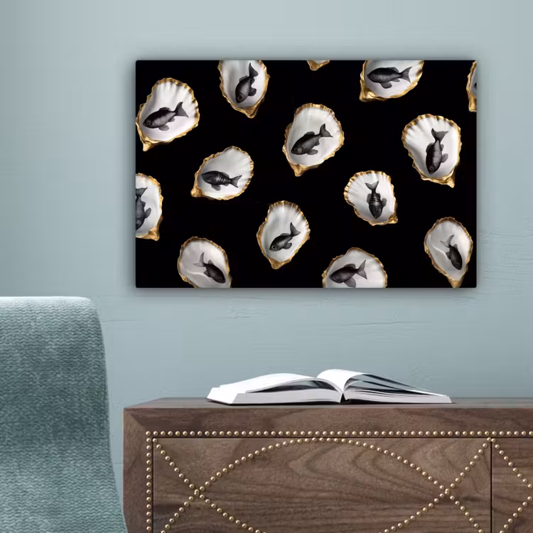 Oesters - Zwart - Vissen - Goud canvas 2cm klein -sfeer4