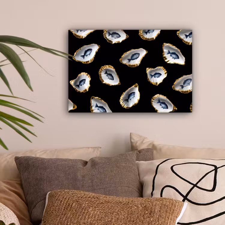 Oesters - Vissen - Blauw - Goud canvas 2cm klein -sfeer1