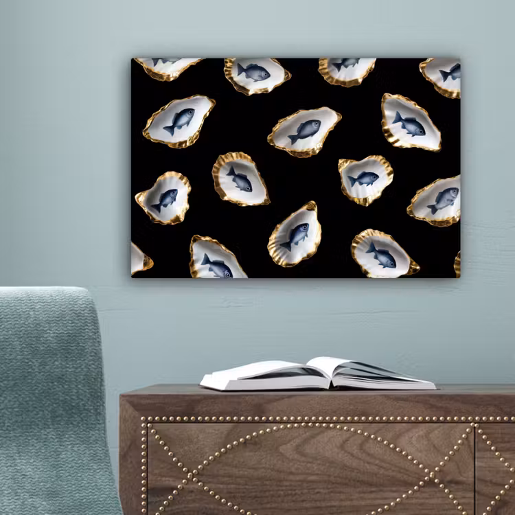 Oesters - Vissen - Blauw - Goud canvas 2cm klein -sfeer4